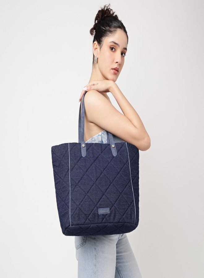 Fastrack Classic Denim Tote Bag | Quilted Design | 14-Inch Laptop Compatible With Padded Sleeve | Sturdy Dual Handles | Zipper Closure & Organizer Pocket | Natural Indigo Denim | 6-Month Warranty - Image 2